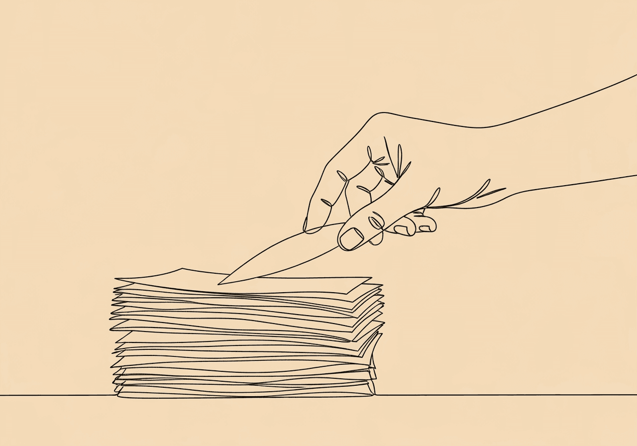 BCBA Corrective Action Documentation Essentials Minimalist line art of a hand placing a page onto a stack of papers, symbolizing BCBA corrective action documentation by visually representing the careful recording of ethical compliance processes.