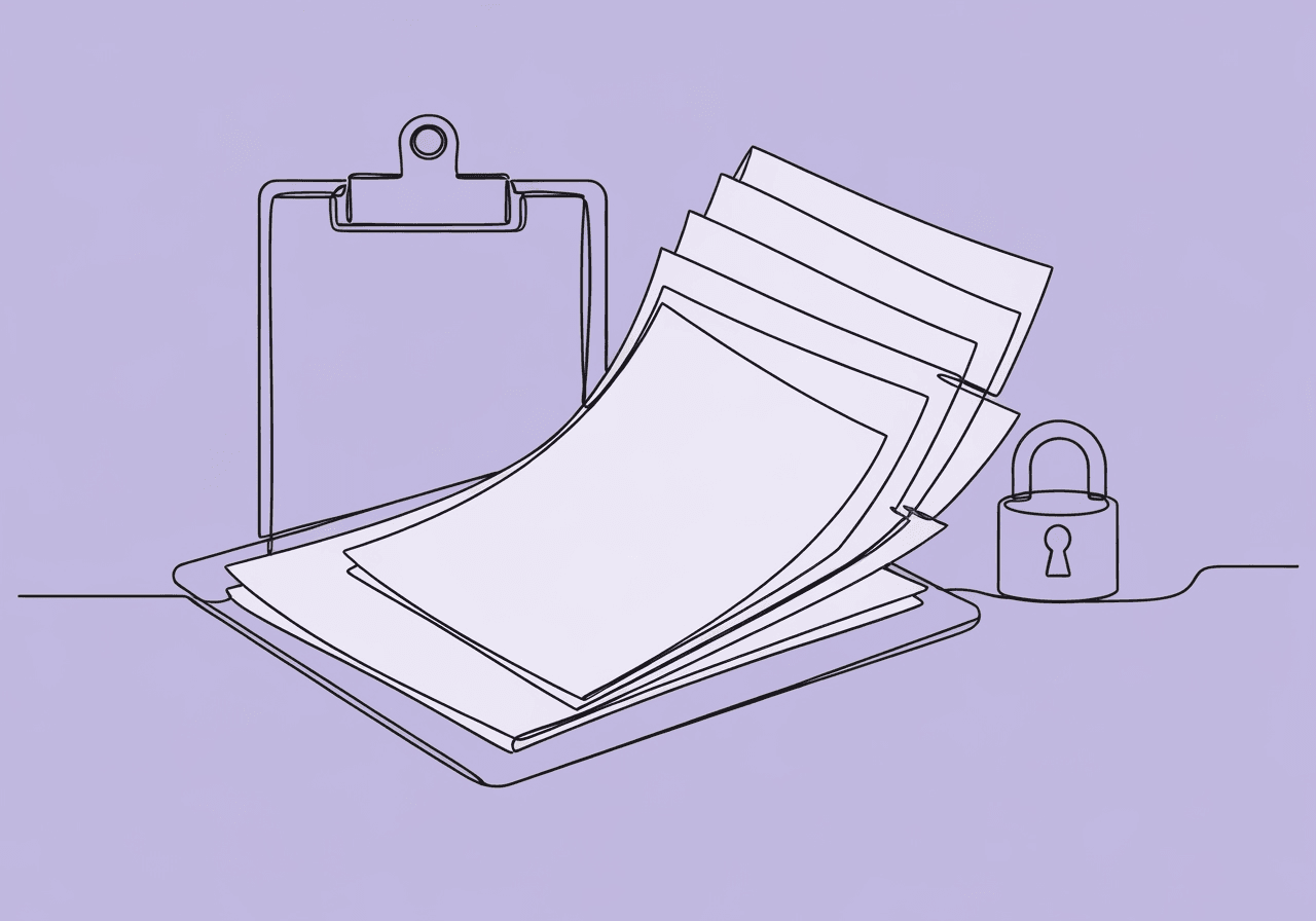 BCBA Data Breach Documentation Checklist: 10 Steps Minimalist line art illustration of a clipboard fanning out ten protective pages in front of a padlock, symbolizing a BCBA data breach documentation checklist and secure, organized response.