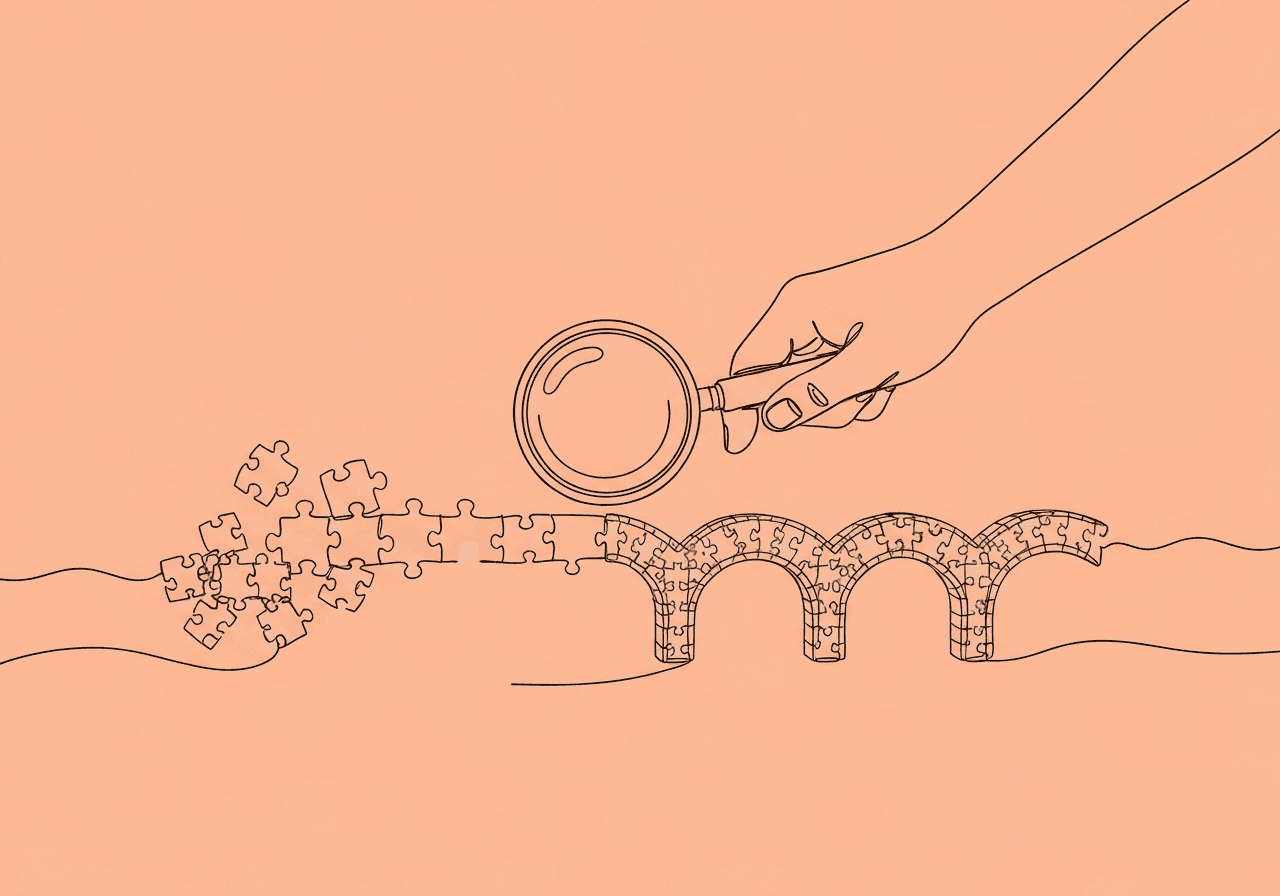 Essential BCBA Data Tips to Prevent Reauthorization Denials Minimalist line drawing of a hand holding a magnifying glass over a bridging puzzle, illustrating BCBA data for reauthorization by highlighting the journey from incomplete to robust documentation—emphasizing thoroughness and clear progression for effective audits.