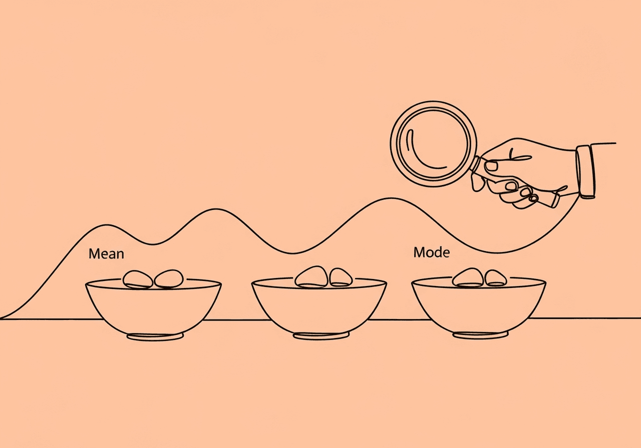 BCBA Descriptive Statistics: Exam Prep Essentials Minimalist line art of three nested bowls with pebbles and a magnifying glass illustrates BCBA descriptive statistics—showing central tendency and variability concepts relevant for the BCBA exam and clinical decisions.