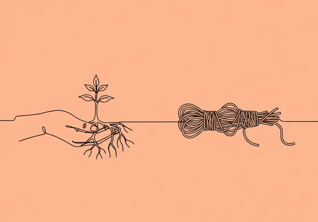 BCBA Documentation: Skill Acquisition vs Behavior Reduction Minimalist line art illustration for Skill Acquisition vs Behavior Reduction Documentation, showing a hand nurturing a sapling whose roots transform into untangled threads, representing growth and ethical change in BCBA practice.