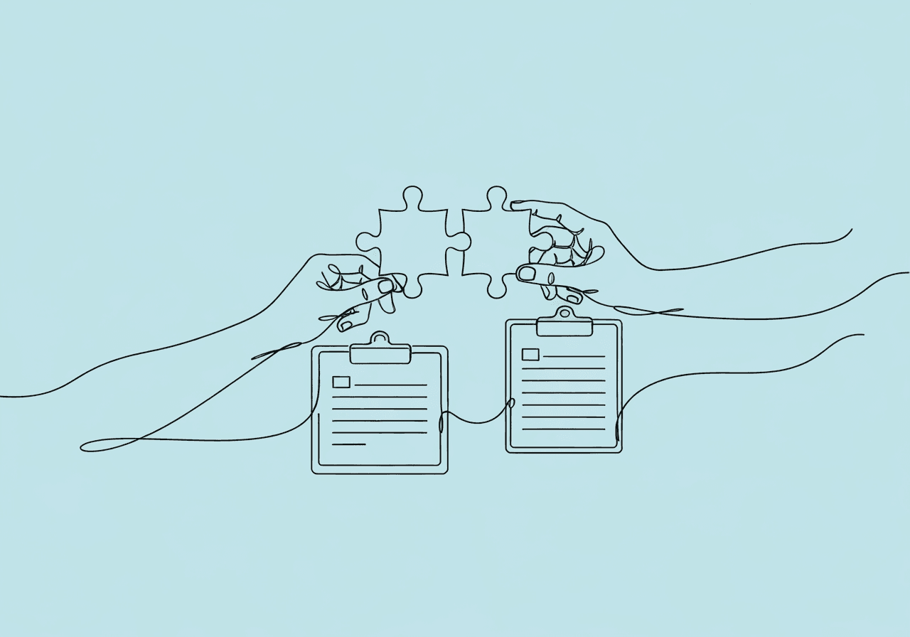 Mastering BCBA Documentation for Joint ABA & OT Sessions Minimalist line art illustration of two hands, each holding a different puzzle piece, interlocking them at the center over a notepad. This visual metaphor for BCBA joint ABA OT documentation highlights collaboration, clear roles, and unified record-keeping in autism care.