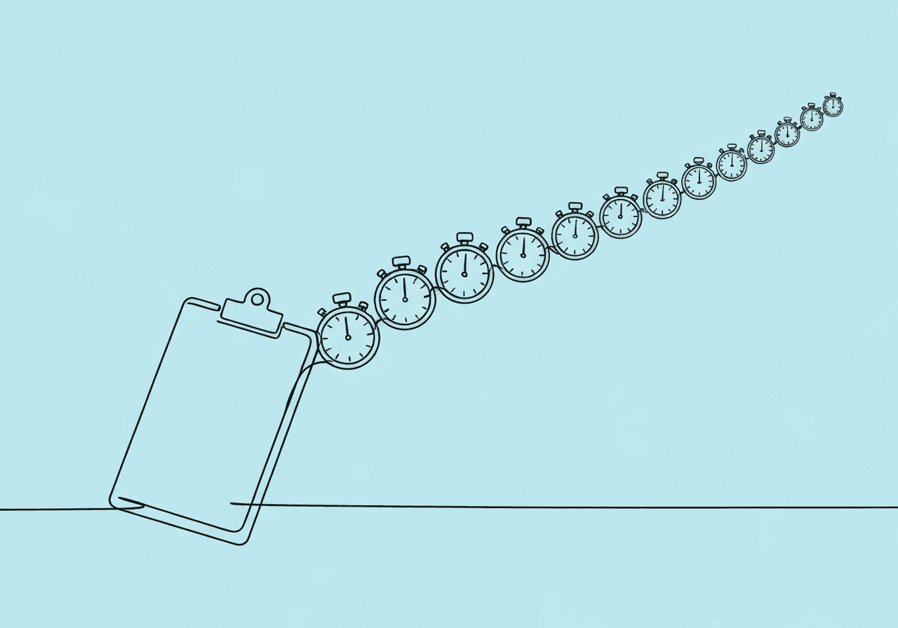 Top 7 BCBA Documentation KPIs for ABA Efficiency Minimalist line art illustration of a clipboard flowing into a chain of seven stopwatches, visually representing BCBA documentation KPIs and the measurement of efficiency in behavioral documentation processes.