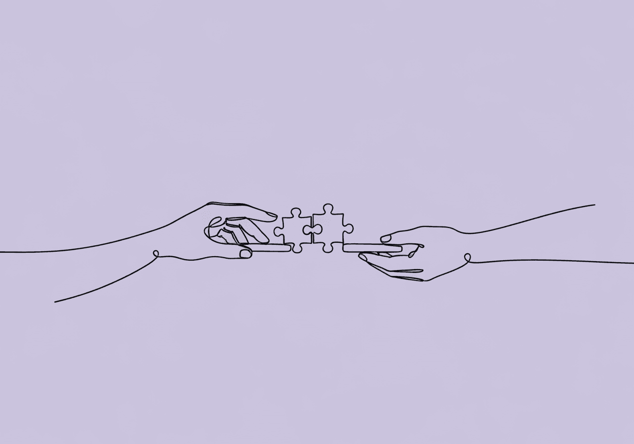 BCBA Collaboration Documentation: 5 Key Mistakes to Avoid Minimalist line art shows two hands forming a bridge, joining puzzle pieces in the center—symbolizing BCBA collaboration documentation that bridges gaps between professionals for clearer communication.