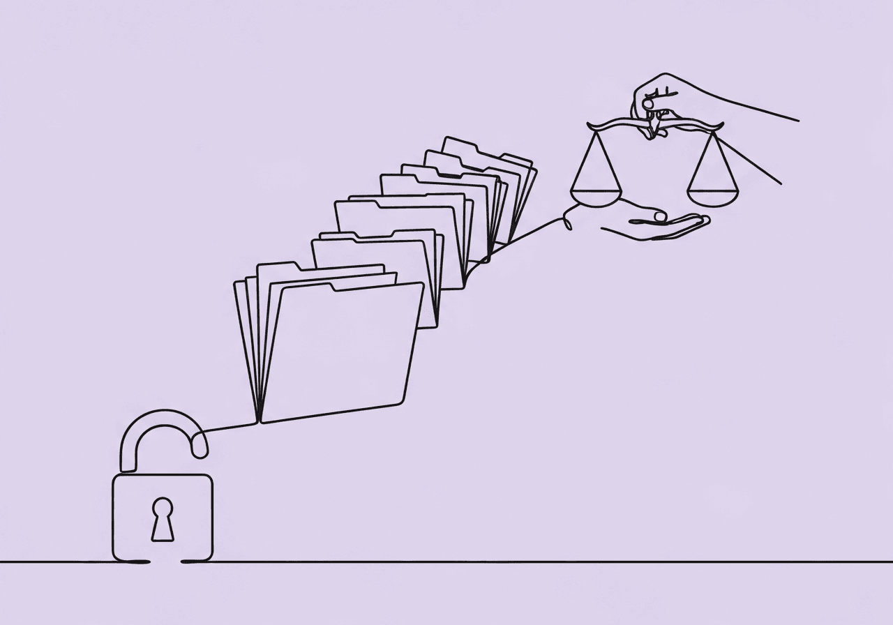 Master BCBA Administrative Documentation SOPs A continuous line drawing on a pastel lavender background shows a lock, a stack of open folders, and a balanced scale held by a hand, visually representing BCBA administrative documentation and the importance of compliance, organization, and ethics in practice management.