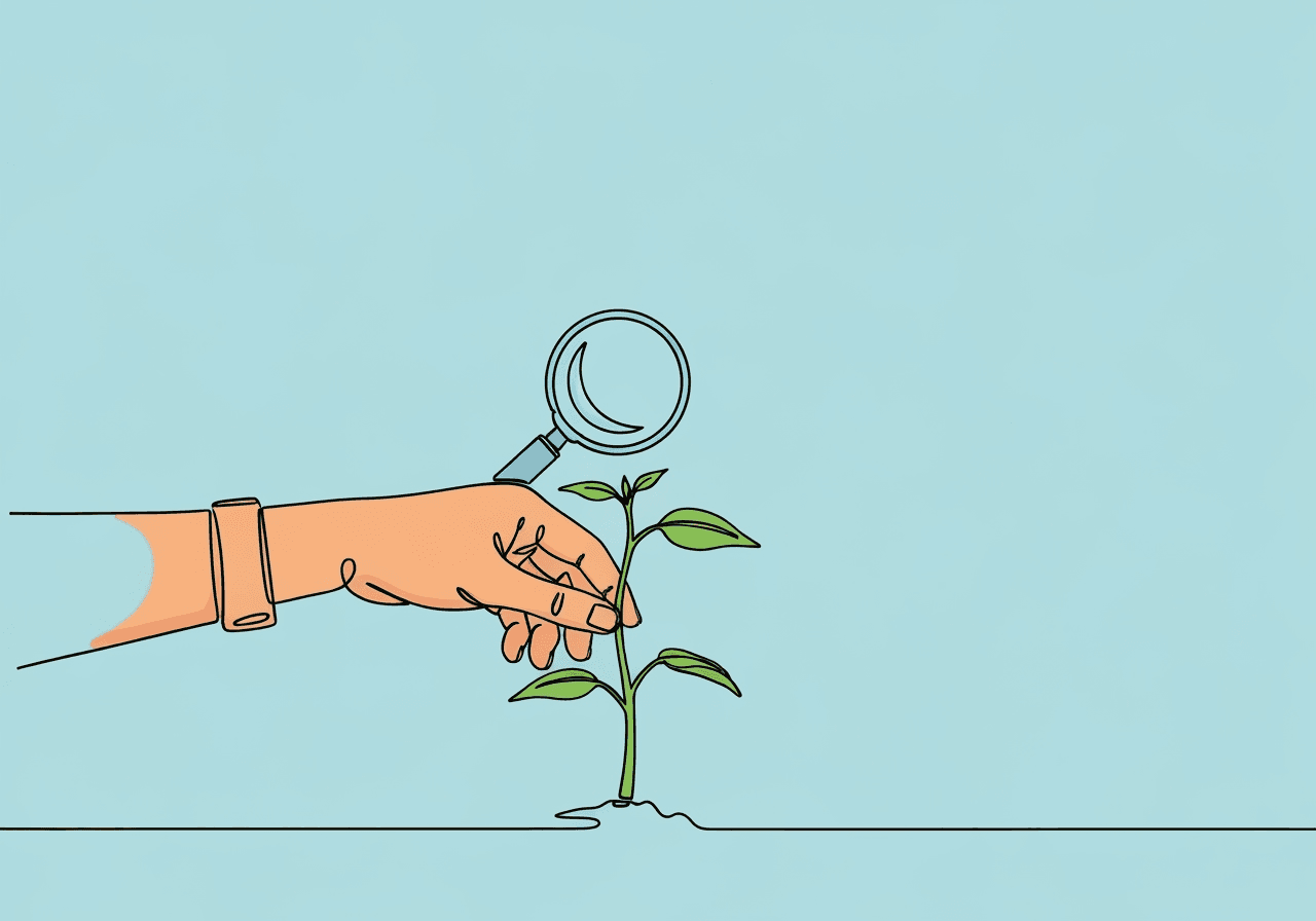 BCBA Documentation Treatment Drift: Detection & Correction Minimalist line art of a hand nurturing and correcting a growing plant, with a magnifying glass representing BCBA documentation of treatment drift and staff re-training. Perfect for illustrating quality assurance in behavioral therapy.
