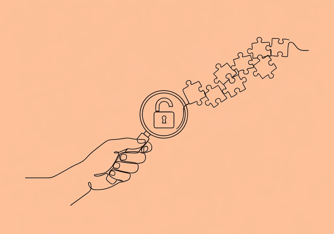 BCBA Ethical Documentation Glossary: Key BACB Terms Minimalist line art of a hand holding a magnifying glass focused on an open lock and puzzle pieces, symbolizing the BCBA ethical documentation glossary by illustrating examination, confidentiality, and interconnection of key terminology for professionals.