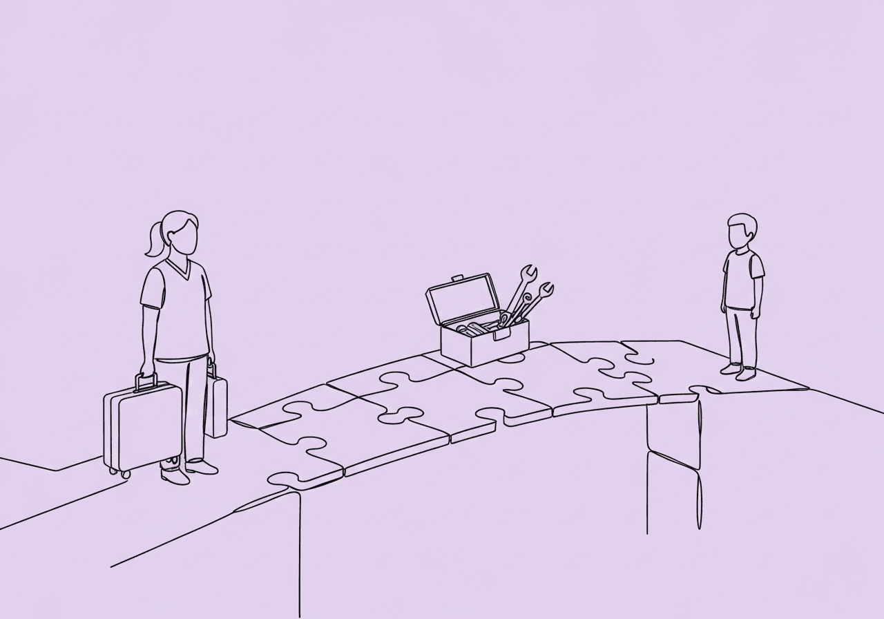 Documenting Parent Training Barriers: BCBA Ethical Guide Minimalist line art of a caregiver and child separated by a puzzle-piece bridge, illustrating documenting parent training barriers in ABA with visual gaps and connection themes.