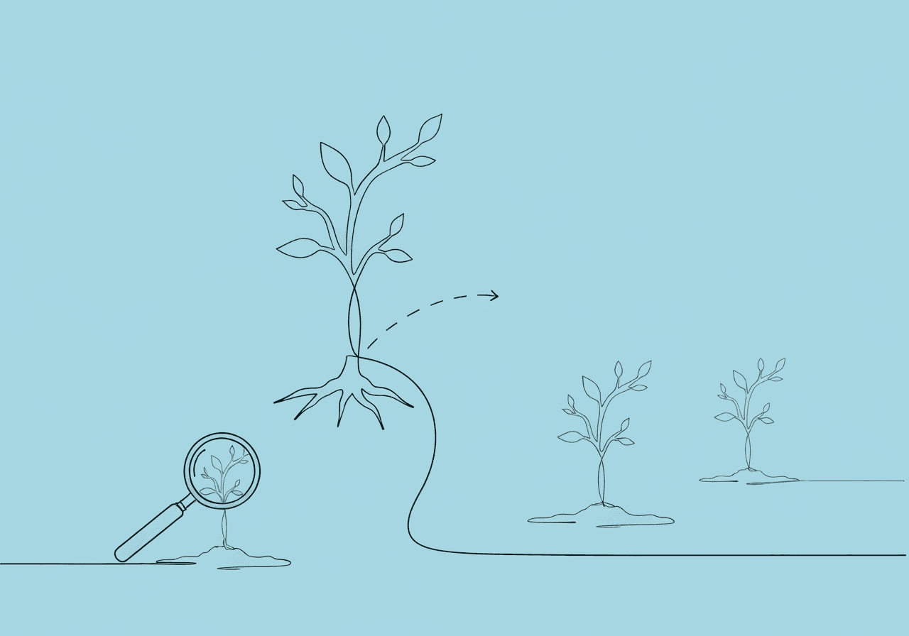 ABA External Validity: BCBA Exam Guide Minimalist line art showing a magnifying glass examining a sapling that grows and branches into new plants across different soils, illustrating ABA external validity and generalization in single-subject designs.