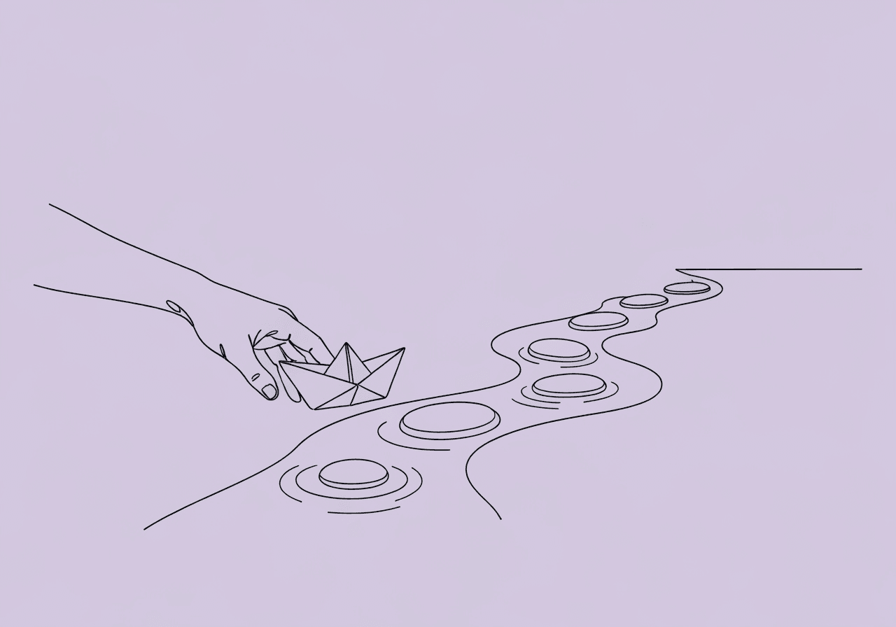 BCBA External Validity Threats: Documentation Essentials Minimalist line art of a hand releasing a paper boat onto a winding stream with stepping stones, illustrating BCBA external validity threats through the metaphor of research findings journeying from controlled settings into the unpredictable real world.