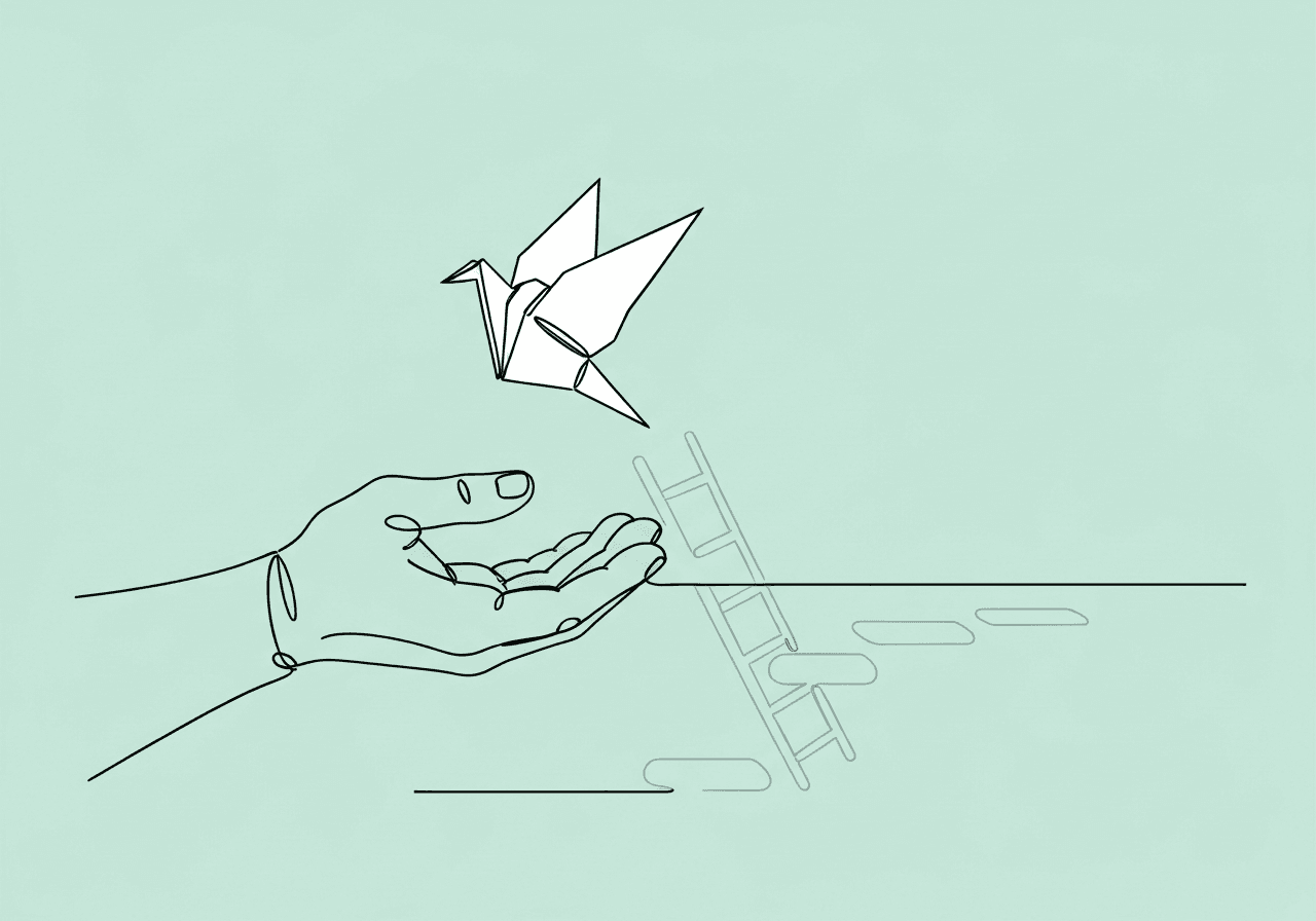 Fading Professional Support Documentation for BCBAs Minimalist line art illustrating fading professional support documentation: a hand releasing a paper bird, symbolizing the transition from direct service to client independence in ABA therapy.