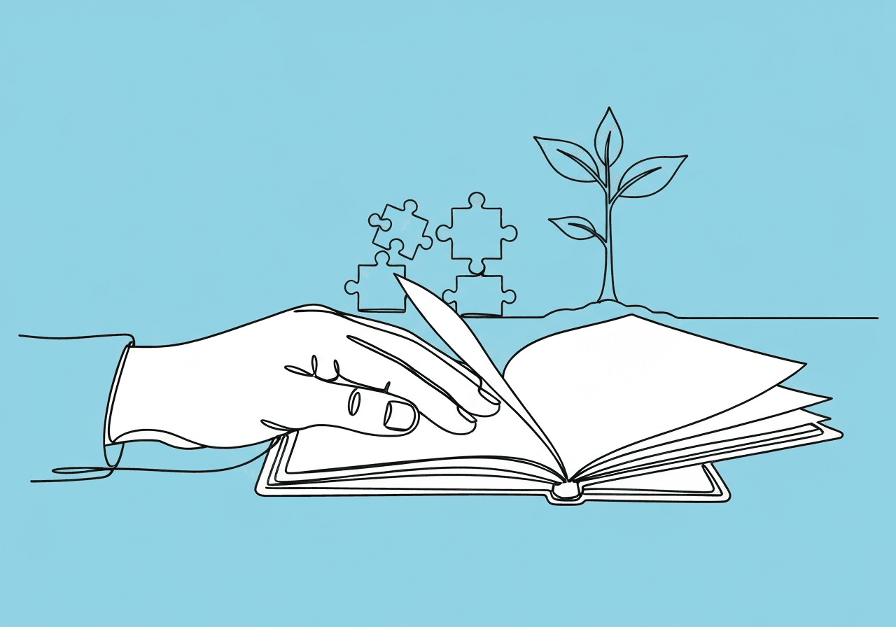 BCBA Goal Mastery Checklist: 10 Essential Steps Minimalist line art of a hand turning the page of a checklist notebook, inspired by a BCBA goal mastery checklist, with subtle symbols of progress to represent effective documentation and forward planning.