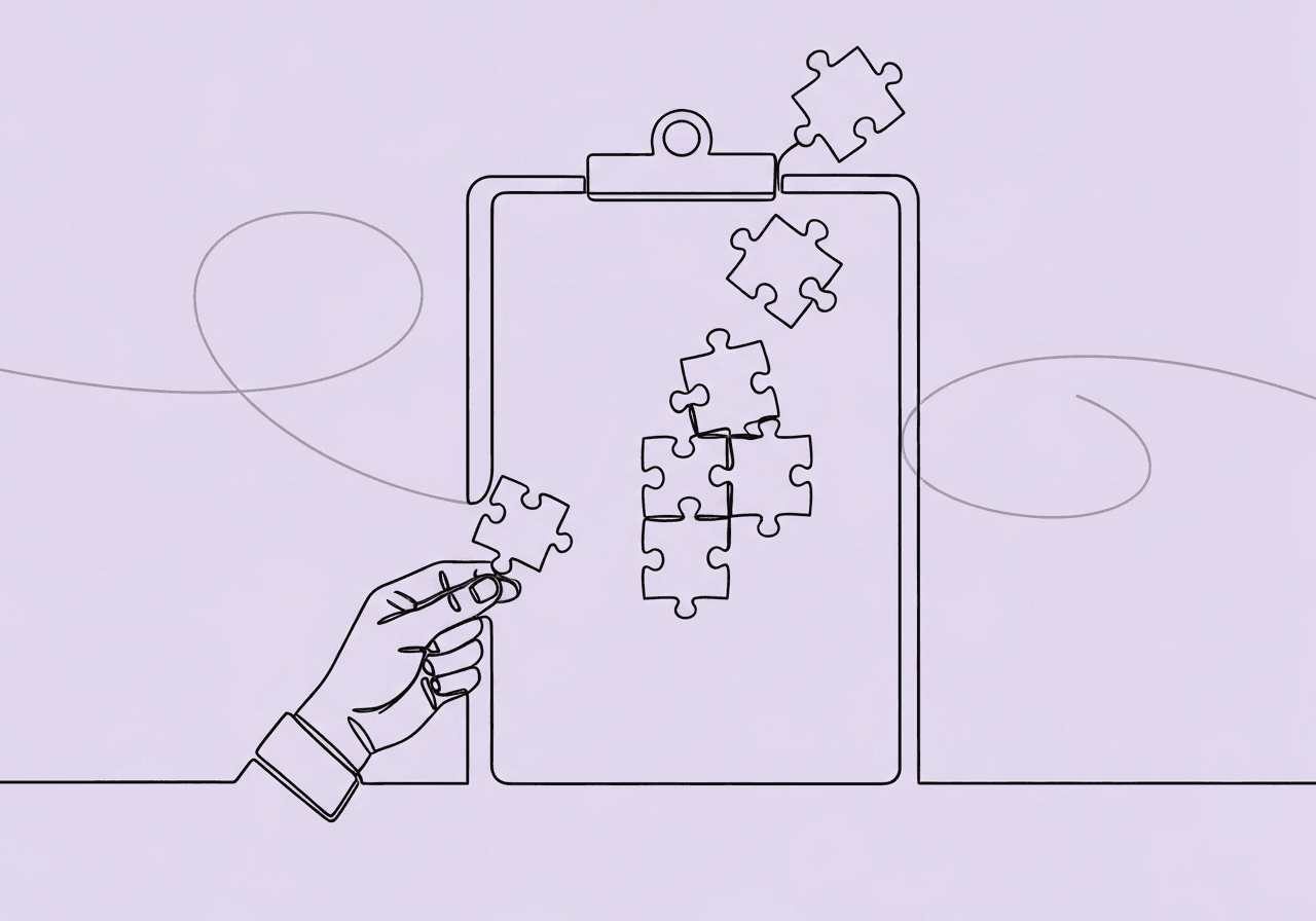 Task Analysis for BCBA Goal Revision Checklist Minimalist line art of a hand fitting a puzzle piece onto a clipboard, symbolizing task analysis for BCBA goal revision workflows. The illustration highlights systematic goal documentation and revision, mirroring the structured process outlined in the blog post.