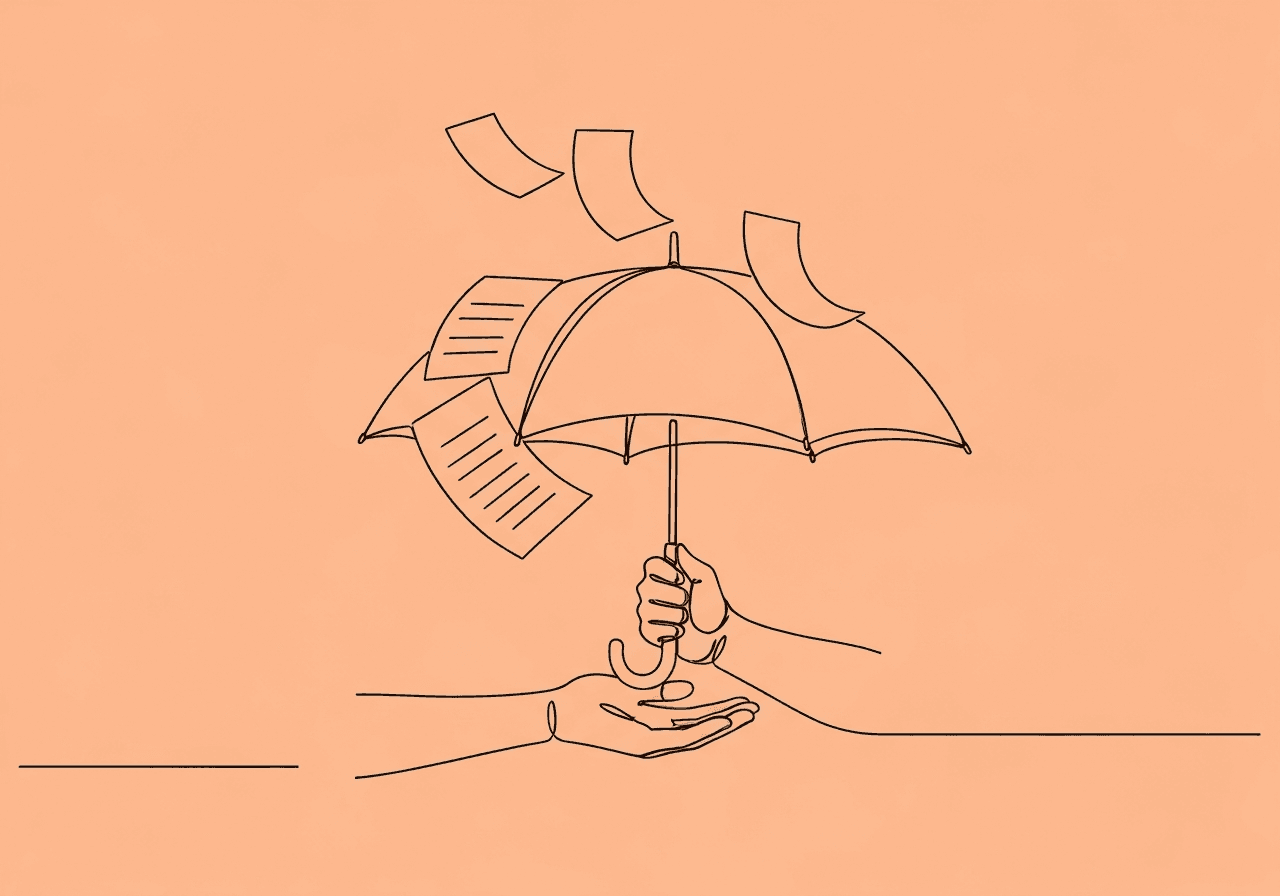 ABA Internal Appeal Guide: BCBA Strategies for Denials Minimalist line art illustration for an ABA internal appeal guide shows an umbrella shielding against falling paperwork, representing the BCBA’s role in protecting and organizing evidence for successful insurance appeals.