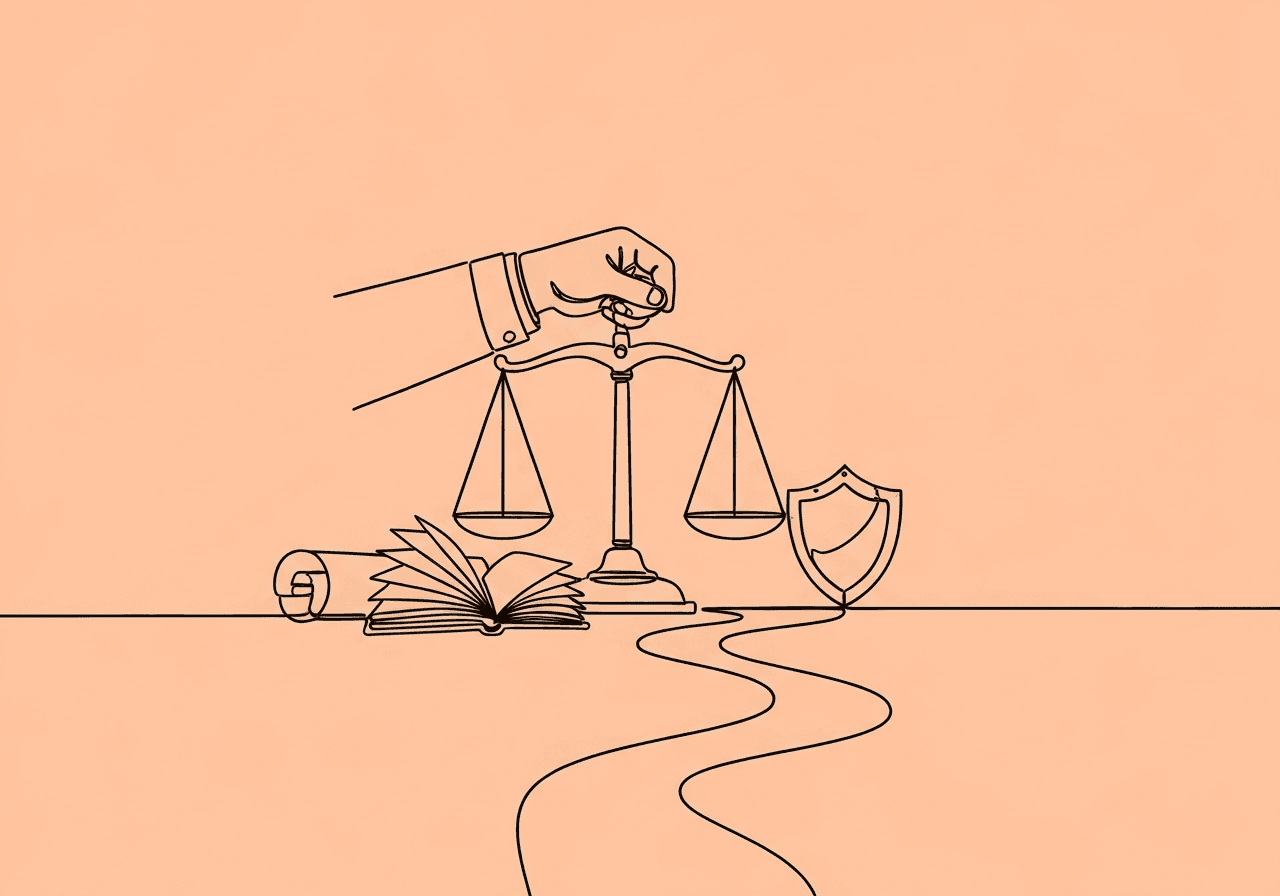 Essential BCBA Legal Documentation Terms Guide Minimalist line art shows a hand holding balanced scales, one with a notebook and the other with a shield, symbolizing BCBA legal documentation terms and the balance of compliance and ethical audit defense.