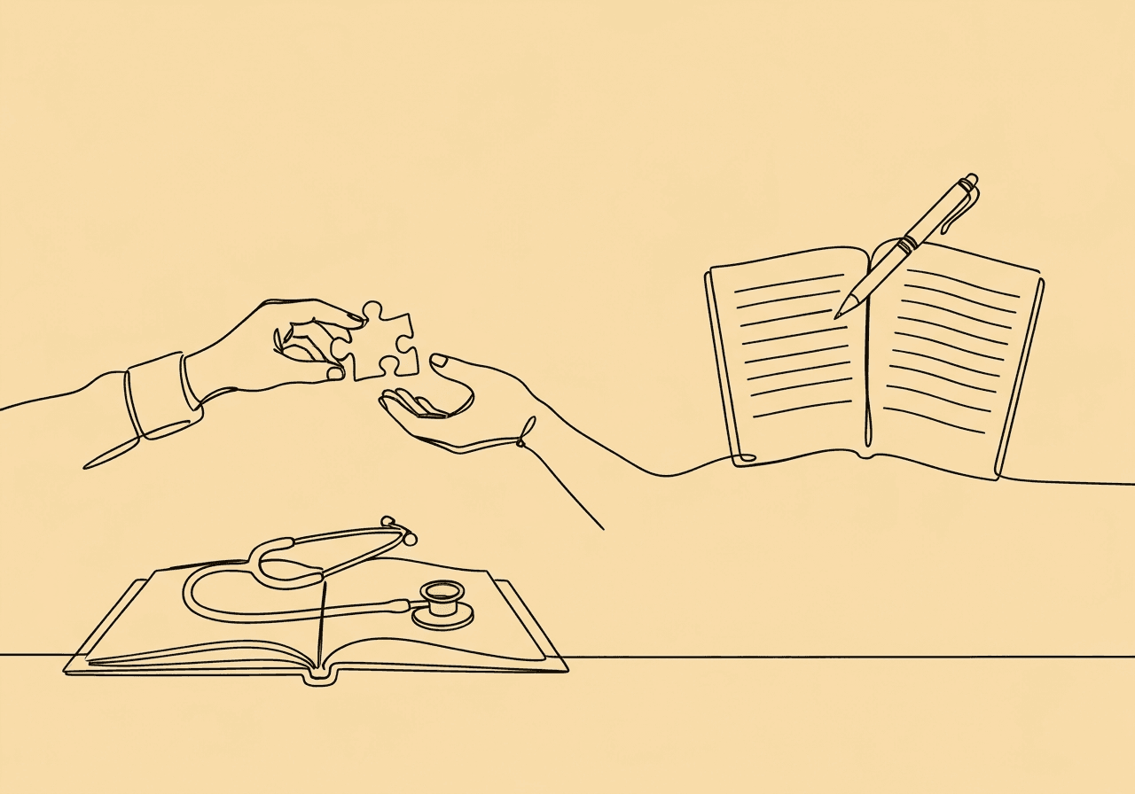 Essential BCBA Medical Collaboration Documentation Guide Minimalist line art of a stethoscope, hands exchanging a puzzle piece, and a notebook represents BCBA medical collaboration documentation, emphasizing the sharing and recording of essential information between professionals for compliance.