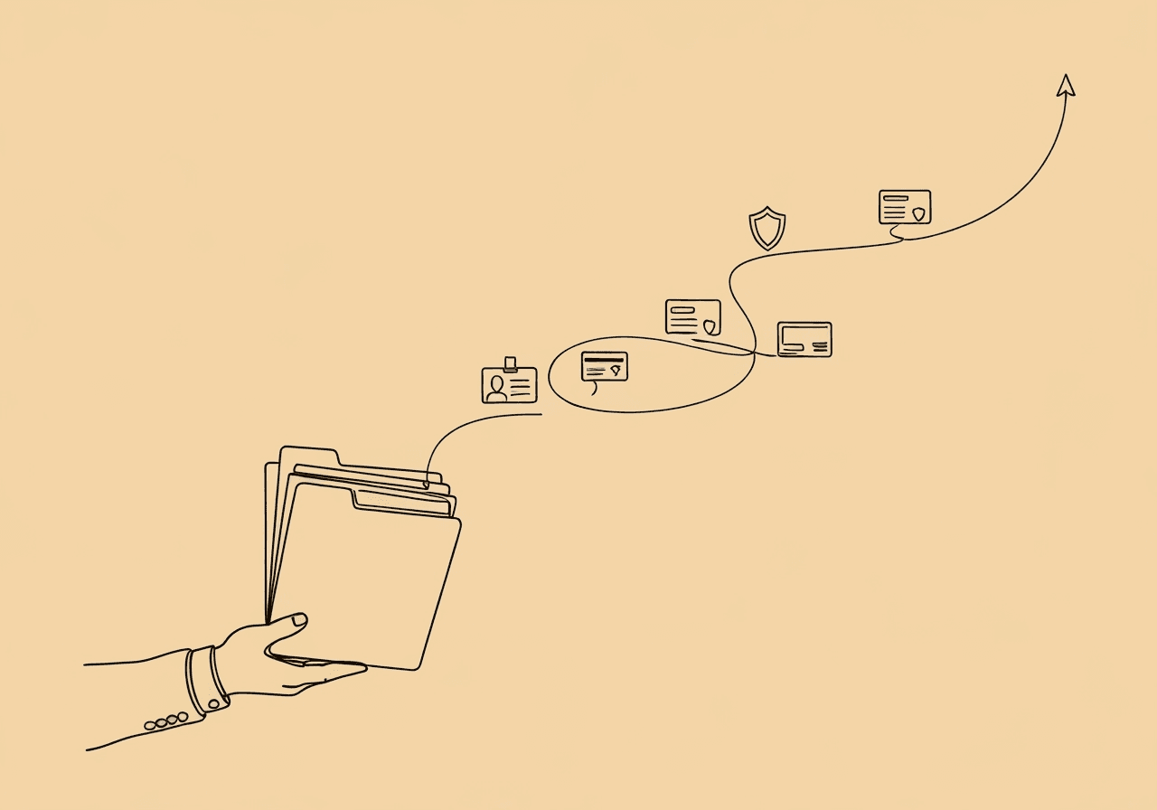 Essential BCBA Payer Credentialing Checklist Minimalist line art illustrating a BCBA payer credentialing checklist, showing a hand holding folders with a path of essential document symbols, highlighting the organized process for billing compliance.