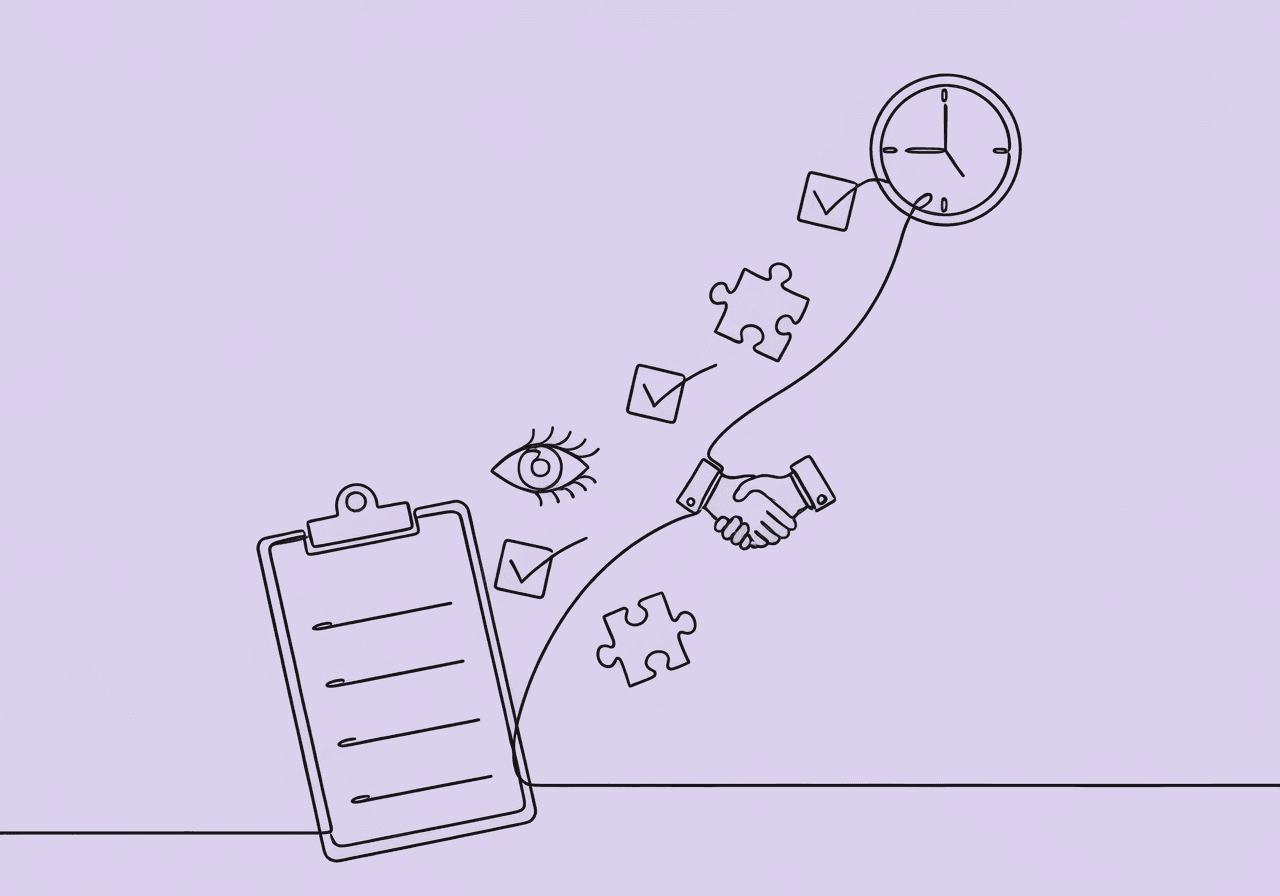 Complete BCBA Pre-Implementation Checklist for BIP Success Minimalist line art illustrating a BCBA pre-implementation checklist as a flowing line on a clipboard, morphing into symbols for review, consent, integration, and readiness. Visually conveys the steps and compliance focus of BCBA protocol launch.