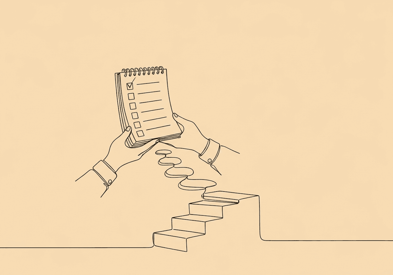 BCBA Preference Assessment Documentation Checklist Minimalist line art illustrating a preference assessment documentation checklist: a notepad bridges supportive hands, with checklist steps forming a path upward, visually linking assessment documentation to structured progress for BCBA readers.