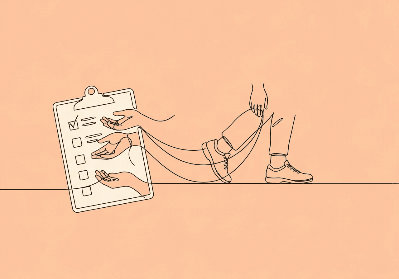 Procedural Integrity Maintenance Checklist for BCBAs Minimalist line art illustrates a procedural integrity maintenance checklist by showing a clipboard, helping hands holding threads, and walking shoes on a fading path, symbolizing ongoing RBT support. Relevant for procedural integrity maintenance checklist in behavior analysis.