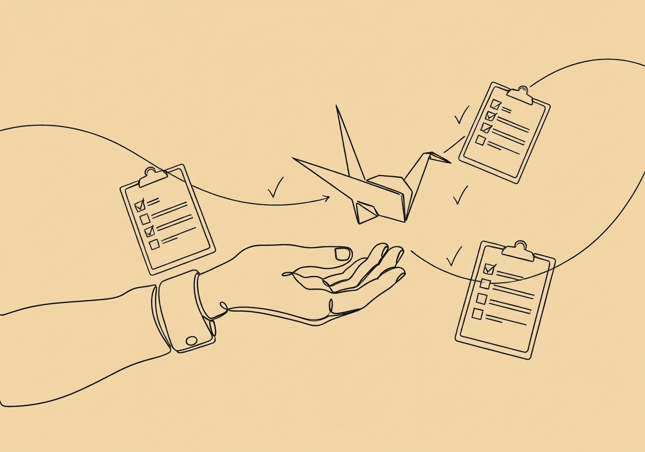 Essential Guide to BCBA RBT Fidelity in High-Risk Cases Minimalist line art shows a hand caring for a paper crane surrounded by floating clipboards and checkmarks, representing BCBA RBT fidelity documentation and ethical oversight for high-risk behavioral intervention plans.