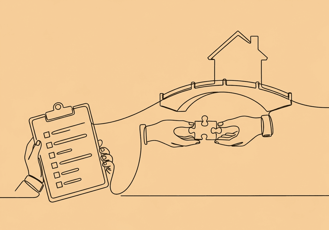 BCBA RBT Onboarding Checklist: Compliance Essentials Minimalist line art of a BCBA RBT onboarding checklist, showing a clipboard evolving into hands exchanging a puzzle piece, then forming a bridge to a house, visually representing onboarding and client trust.
