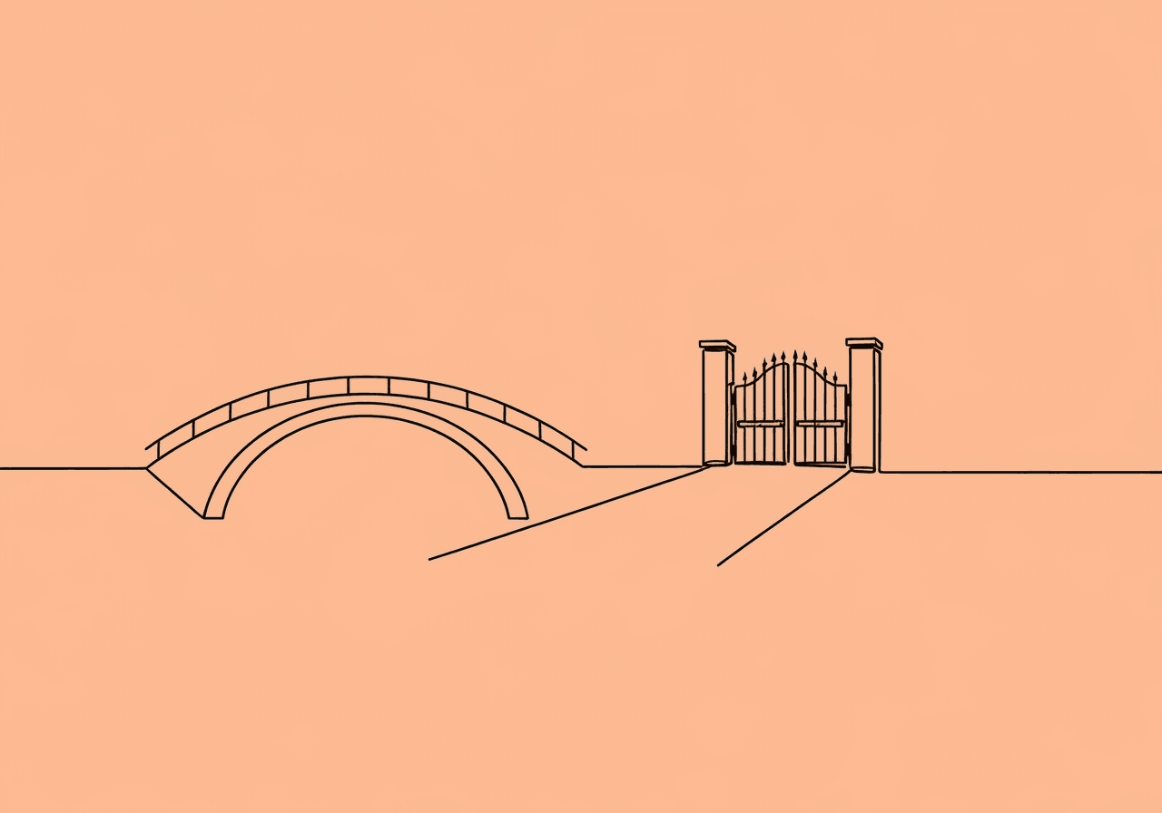 BCBA Reauthorization vs Discharge: Key Differences Minimalist line art on a pastel peach background depicting a bridge connecting to an open gate, visually representing the BCBA reauthorization vs discharge decision process in ABA documentation and highlighting the transition between continuation and functional independence.