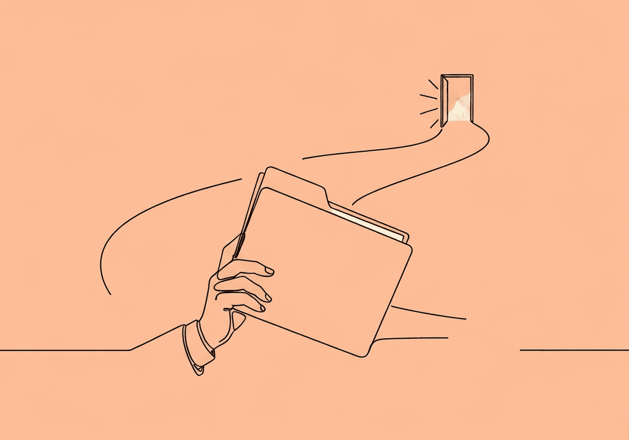 BCBA Refusal Documentation: Ethical Guide & Template Minimalist line art shows a hand holding a closed folder, with a path splitting behind it, illustrating BCBA refusal documentation and the ethical decision-making process in behavior analysis.