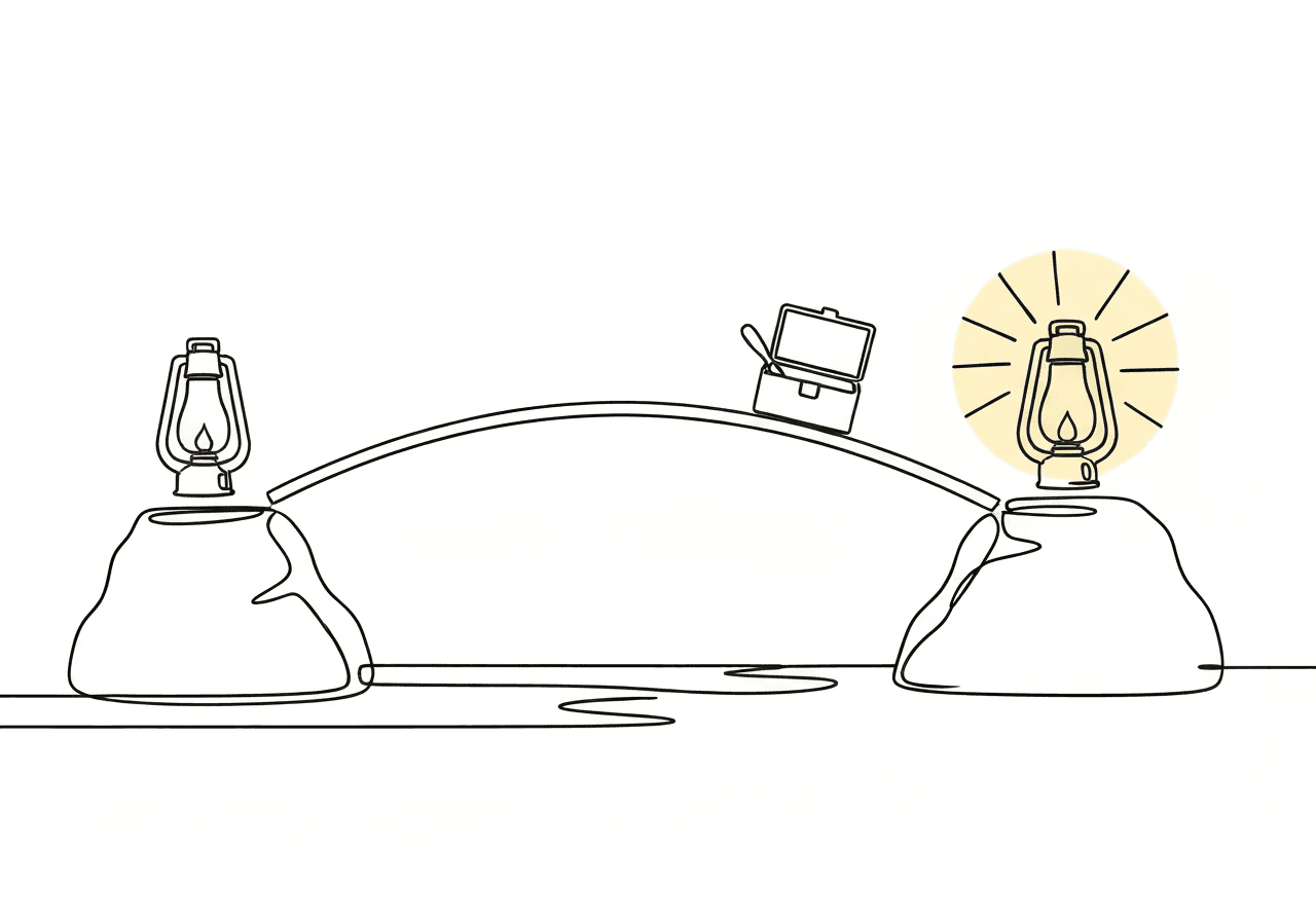 BCBA Reversal Design Ethics: Exam Essentials Minimalist line art illustration for BCBA reversal design ethics shows a continuous bridge being built between two rocks, with a glowing lamp representing ethical care in behavioral interventions. Captures core BCBA reversal design ethics concepts visually.