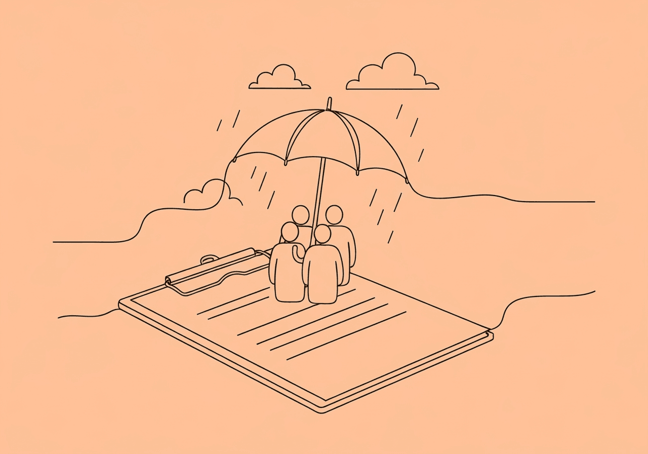 BCBA Unforeseen Service Interruption Documentation Guide Minimalist line art of a clipboard transforming into an umbrella sheltering human figures, symbolizing BCBA unforeseen service interruption documentation and the protective role of ethical record-keeping during unexpected disruptions.