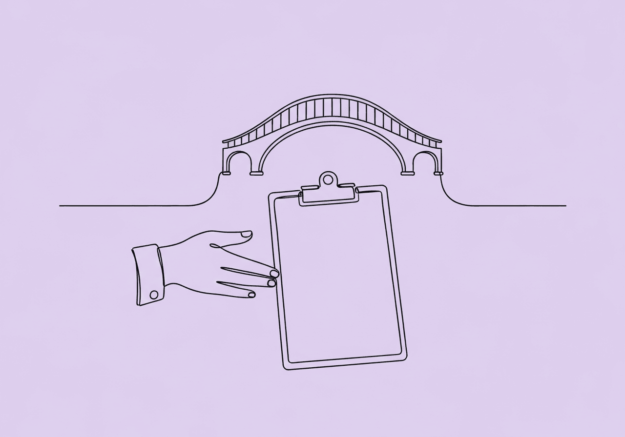 10-Step BCBA Service Reduction Documentation Checklist Minimalist line art illustration of a clipboard merging into a bridge, supported by open hands, visually representing the BCBA service reduction documentation checklist and ethical decision-making process.