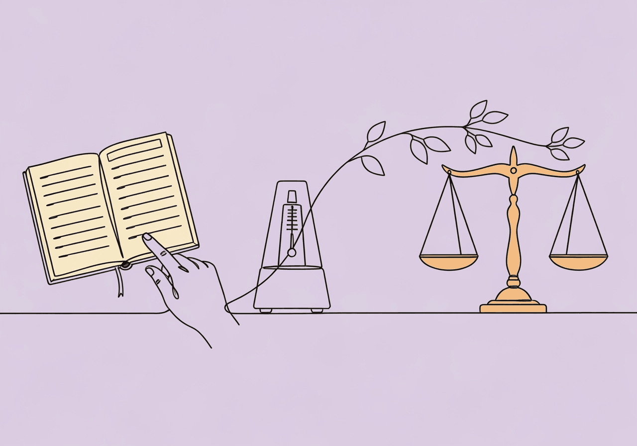 How to Document BCBA Session Dosage Changes Effectively Minimalist line art on pastel lavender depicts a hand flipping through a clinical notebook, a metronome, and balanced scales, visually representing BCBA session dosage change documentation and ethical clinical decision-making.
