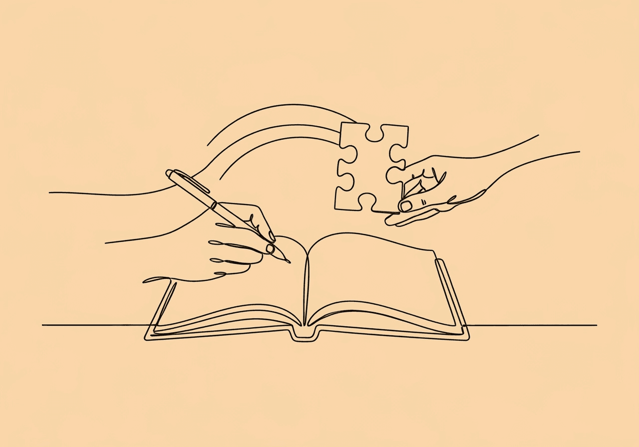 BCBA SLP Documentation: Compliance Guide Line art illustration featuring intertwined hands, a notebook, and a shared puzzle piece, symbolizing BCBA SLP documentation, collaboration, and coordinated record-keeping for joint therapy sessions.