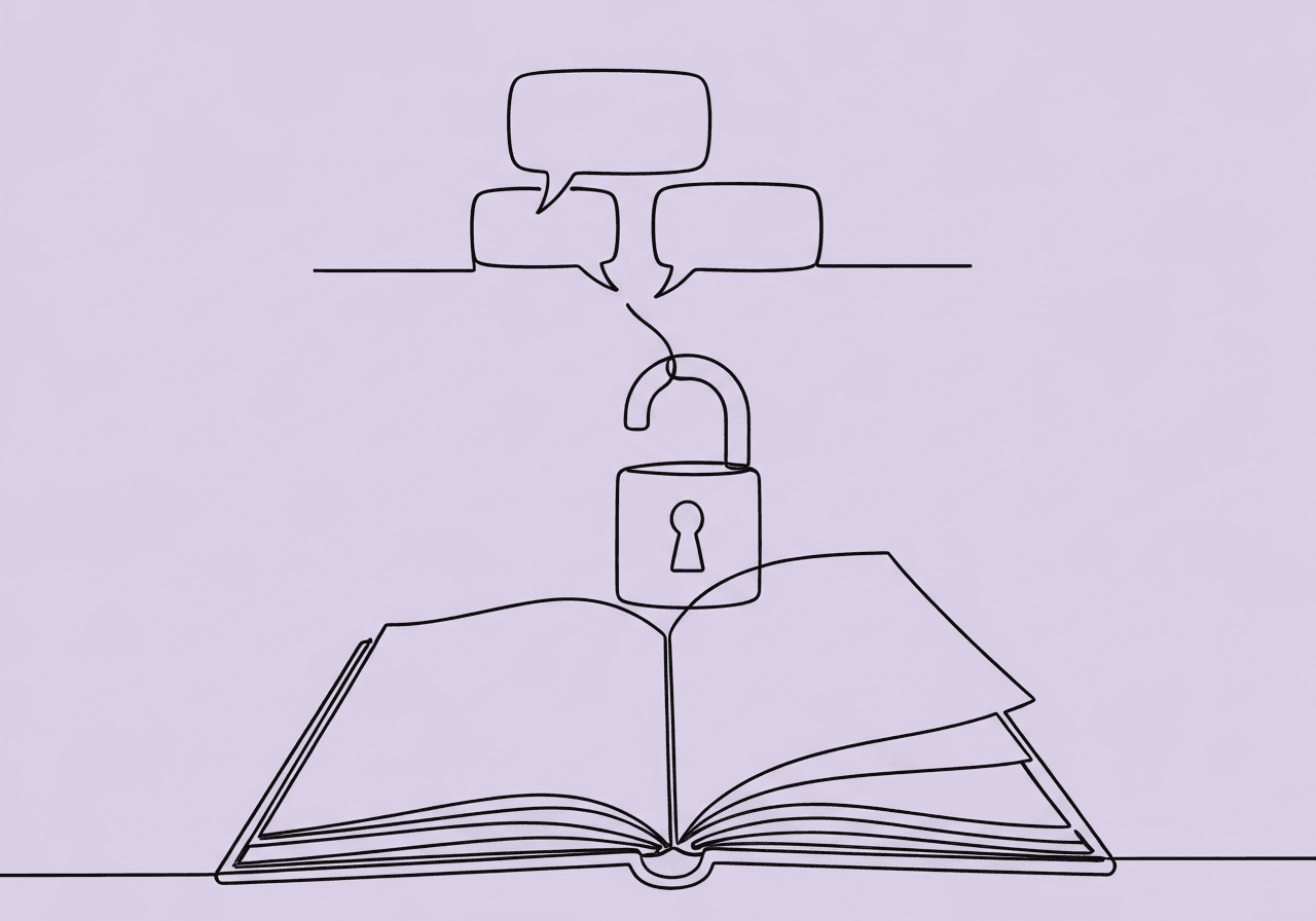 Master BCBA Social Media Ethics & Documentation Minimalist line art illustration for 'BCBA social media documentation ethics' featuring an open notebook, an unlocked padlock, and floating speech bubbles, symbolizing the balance of documentation, confidentiality, and digital communication in ABA professionals’ social media use.