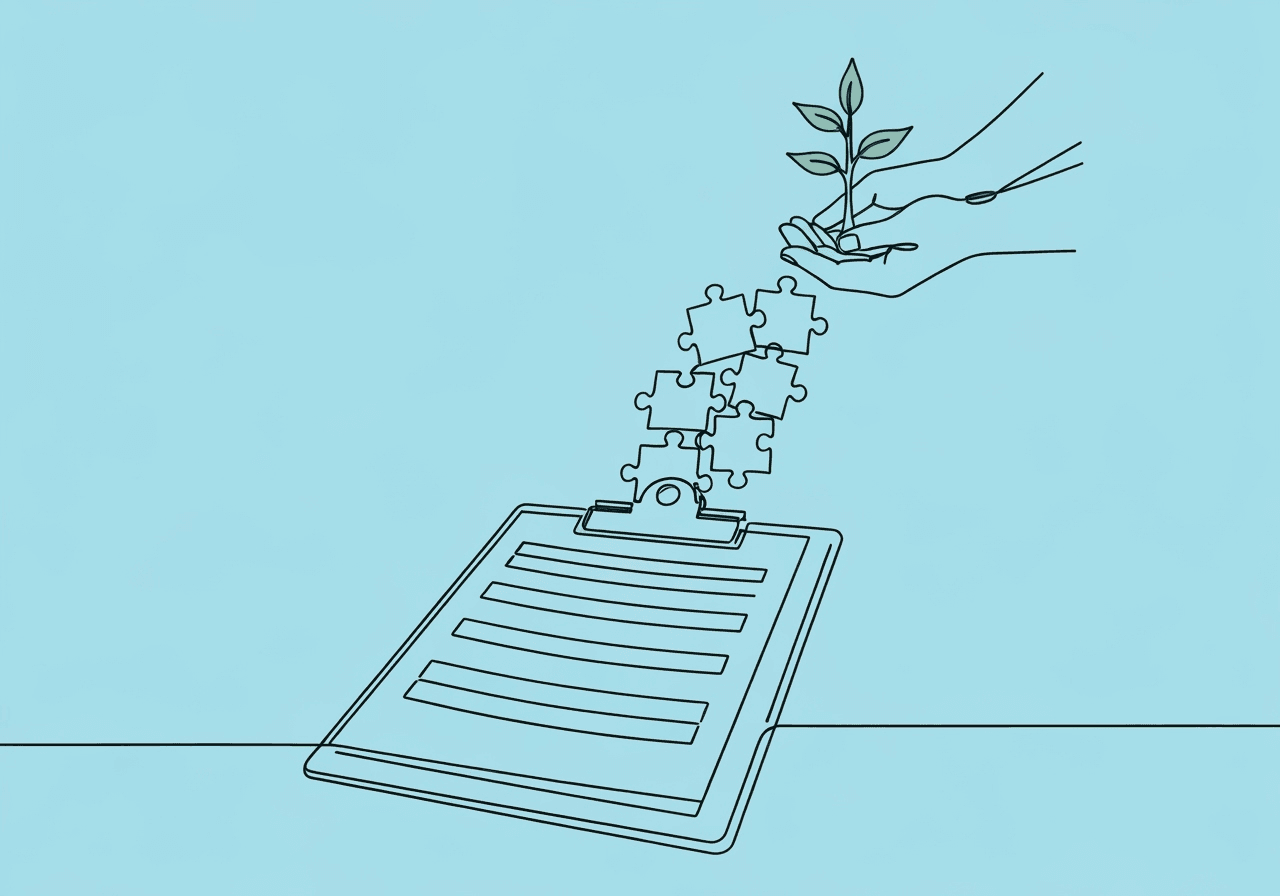BCBA Supervision Manual Documentation Guide Minimalist line art featuring a clipboard, interlinked puzzle pieces, and hands nurturing a small sapling, visually representing BCBA supervision manual documentation and the connection between structured oversight and professional growth.