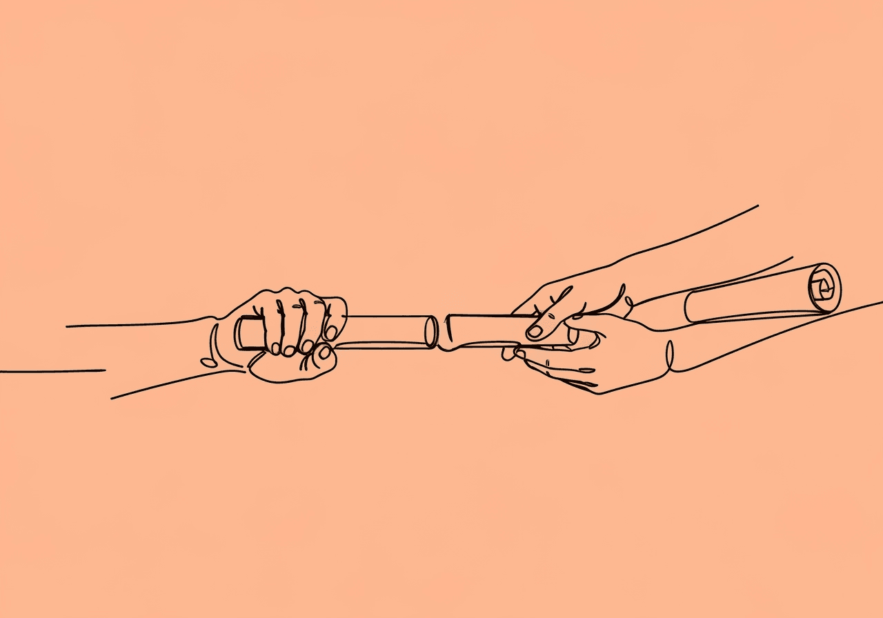 Master BCBA Task Delegation Documentation: Ethical Guide Minimalist line art of three hands passing a baton that turns into a scroll, illustrating BCBA task delegation documentation in distinct phases for exam mastery. The image metaphorically conveys ethical responsibility and supervision transfer.