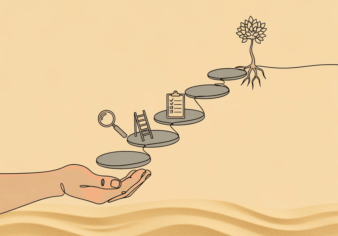 Master BCBA Technician Competency Documentation Minimalist line art on a pastel sand background shows a hand holding stepping stones that transition into a magnifying glass, ladder, and checklist, culminating in a growing sapling—visually encapsulating BCBA technician competency documentation as a journey of supported skill development.