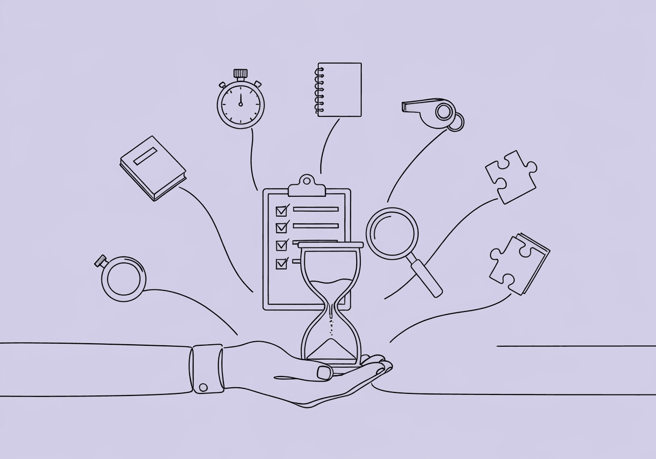 Top 5 BCBA Treatment Integrity Measurement Tools Line art showing a hand holding an hourglass with treatment tools radiating outward, illustrating BCBA treatment integrity measurement essentials for ensuring precise and reliable clinical documentation.