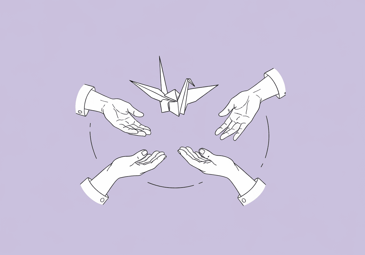 Master BST Components for BCBA Exam Success Minimalist line art of four hands collaboratively elevating an origami crane, symbolizing the BST components BCBA exam, highlighting teamwork and skill-building in the context of behavioral skills training.