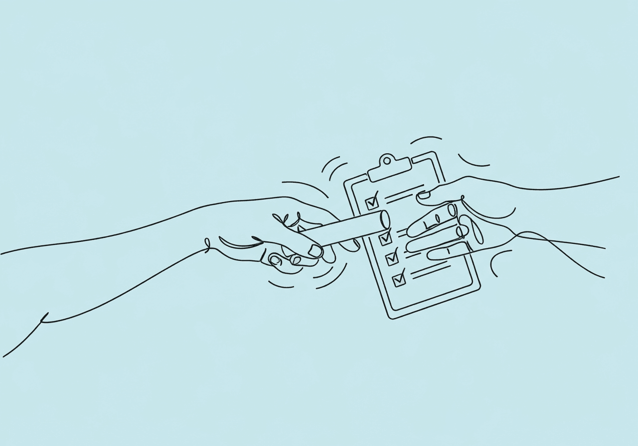 BST Documentation for BCBAs: Essential 4-Step Guide Minimalist line art of two hands passing a checklist-shaped baton, illustrating the transfer and documentation process in BST documentation for BCBAs, highlighting the step-by-step structure of behavioral skills training.