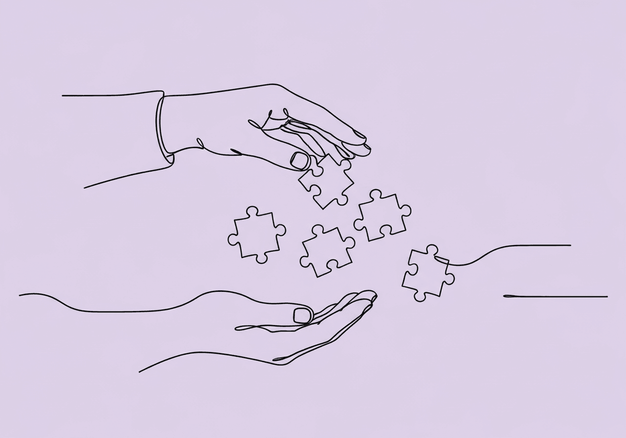 BST Terminology for BCBAs: Essential 4-Step Guide Minimalist line art illustration of two hands exchanging a puzzle piece, symbolizing BST terminology BCBA through the passing of knowledge and the four steps of Behavioral Skills Training. Ideal for ABA-focused blog content.