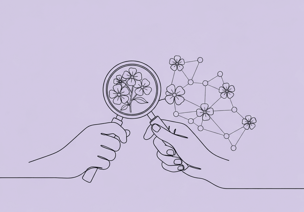 Clinical Oversight Dashboard ABA: 5-Step Guide Minimalist line art illustration of a hand with magnifying glass focusing on blooming flowers evolving into data points, symbolizing proactive Clinical Oversight Dashboard ABA for compliance and quality insights.