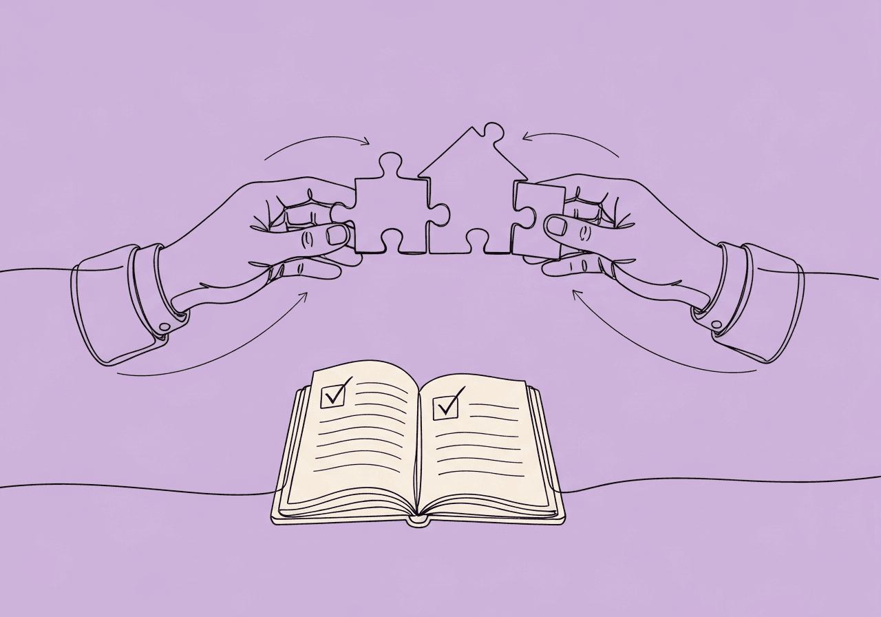 ABA Consistency in Co-Parenting: Parent Guide Minimalist line art of two hands, each holding a puzzle piece, nearly connecting to form a house shape. Reinforces ABA consistency co-parenting through visual collaboration and shared routines depicted with an open notebook below the hands.