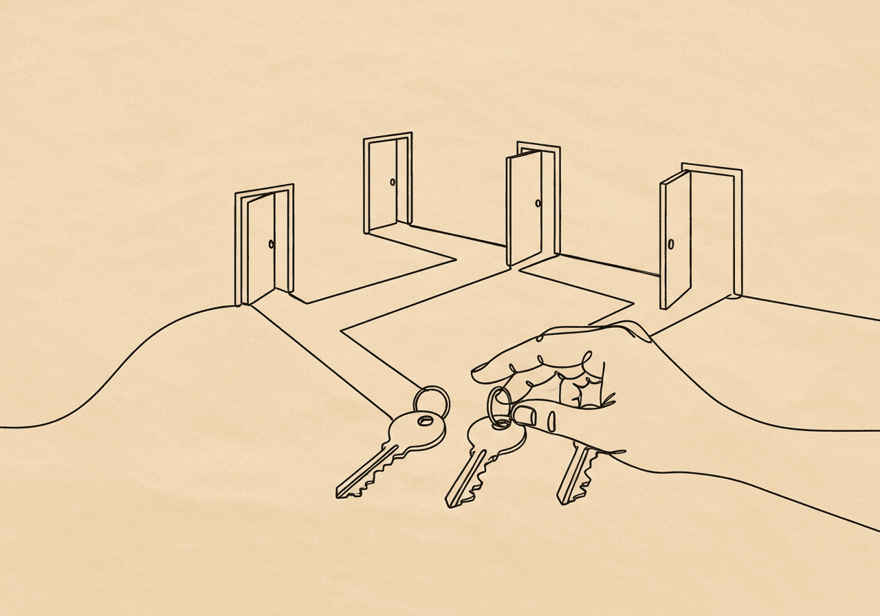Conditional Discrimination in ABA: Essential Guide for BCBAs Minimalist line art illustrating conditional discrimination ABA: a hand chooses among keys on branching paths leading to different doors, representing complex contextual learning and decision-making.