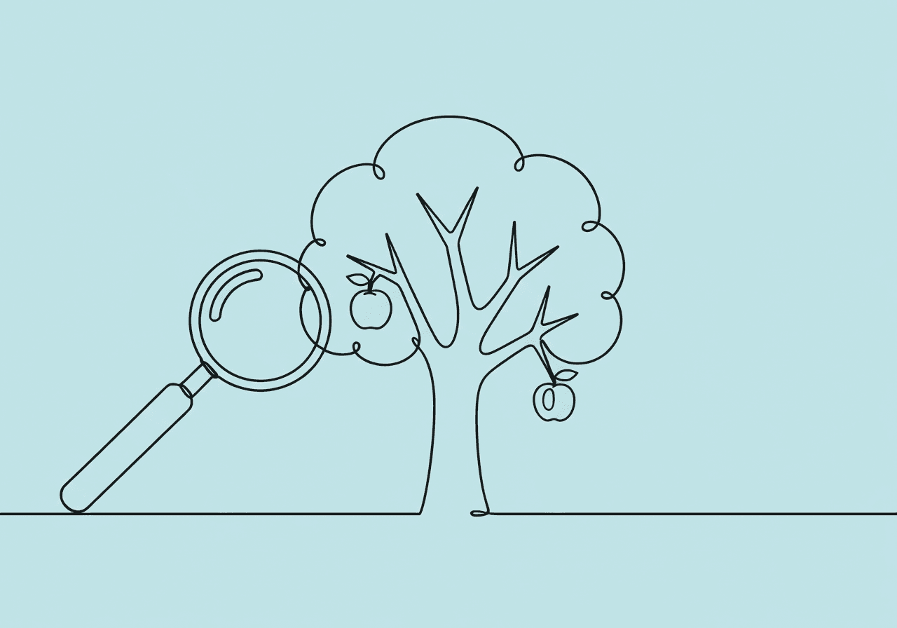 Conditional Probability in ABA: FBA Guide for BCBAs Minimalist line art of a magnifying glass examining a branching tree with three fruits, illustrating conditional probability ABA through the observation and analysis of behavioral sequences.