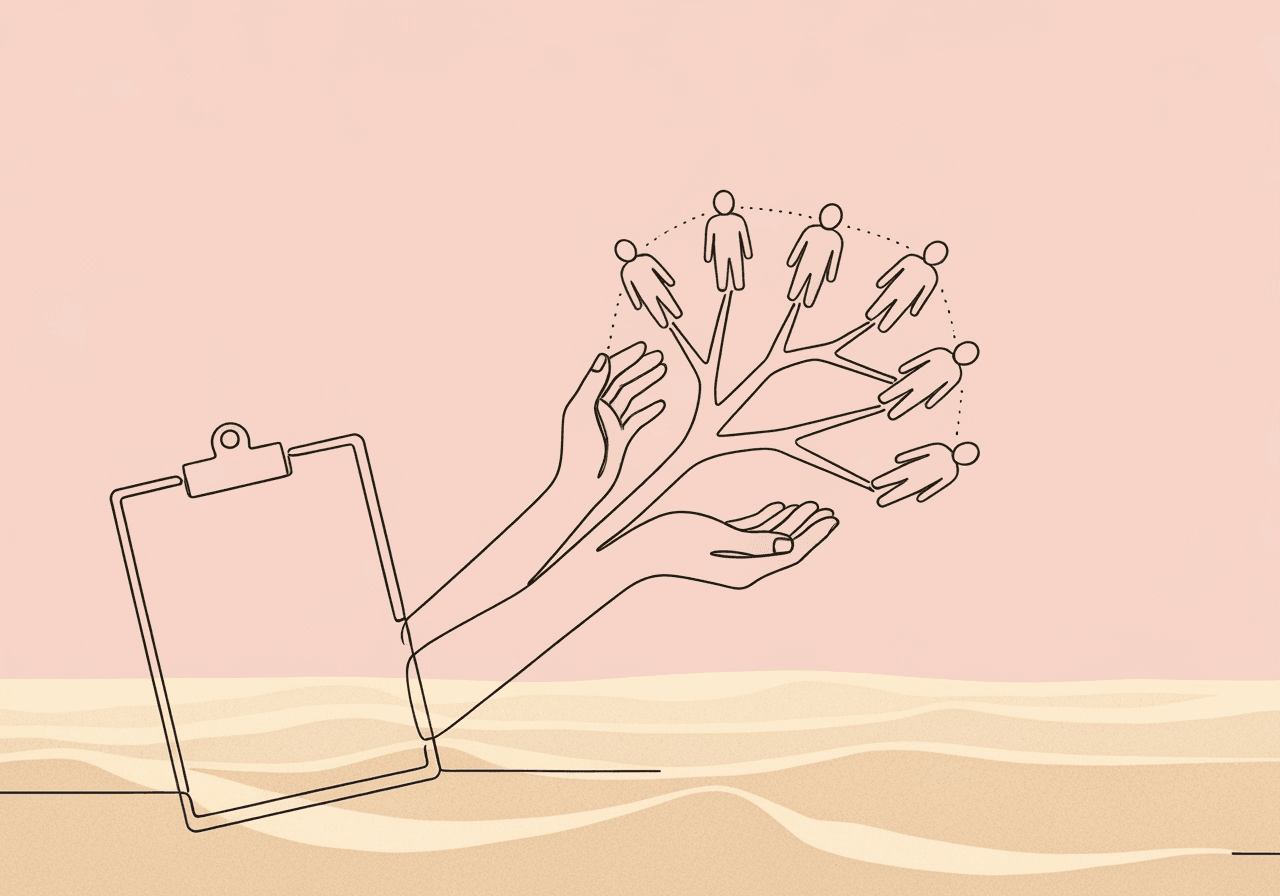 CPT 97154 Documentation Checklist for BCBAs Minimalist line art illustration for a CPT 97154 documentation checklist blog post, showing a clipboard branching into supportive hands lifting diverse group members, representing organized group ABA documentation and individualized care in a group setting.