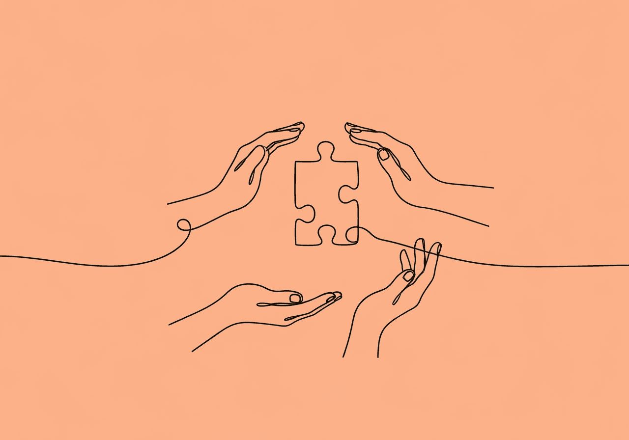 CPT 97154 Documentation Guide for BCBAs in Group ABA Minimalist line art features multiple hands supporting a puzzle piece, visually symbolizing CPT 97154 documentation BCBA group treatment and compliance in an elegant, collaborative metaphor relevant to behavioral therapy procedure guidance.
