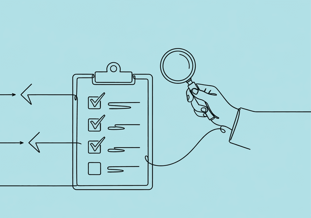 CPT 97155 Checklist for BCBAs: Compliance Guide Minimalist line art illustrating a CPT 97155 checklist for BCBAs: a clipboard with checklist and a hand with a magnifying glass reviewing it. Captures the essentials of careful protocol documentation and real-time modification.