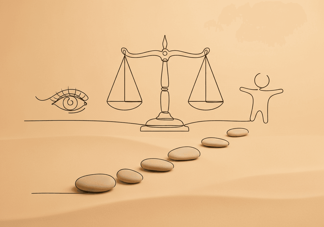 CPT 97155 Data Justification: 7 Essential Metrics Minimalist line art illustration on a pastel sand background showing a balance scale, an open eye, and a child figure, visually representing CPT 97155 data justification and the balance of oversight with client complexity.