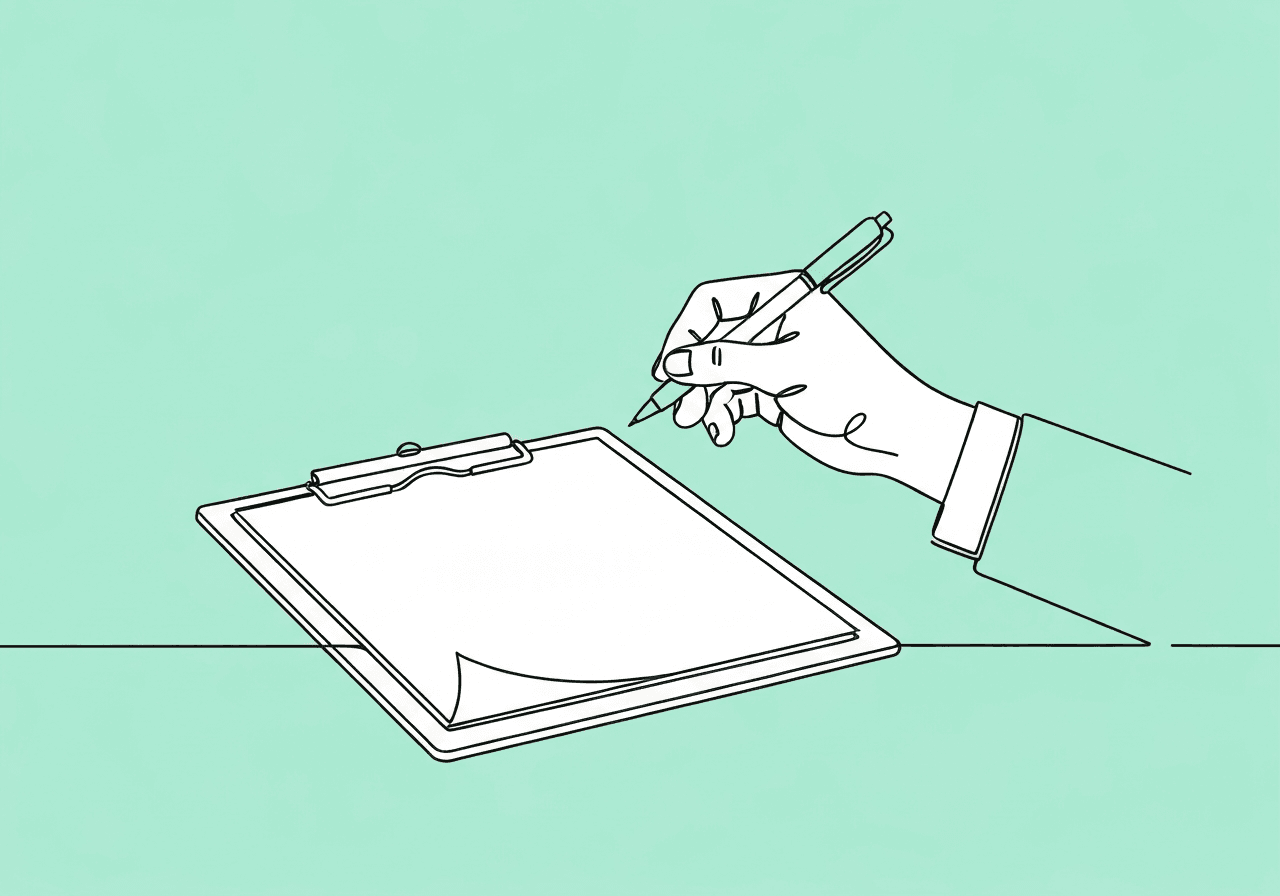 CPT 97155 No Protocol Mod: BCBA Documentation Guide Minimalist line art of a blank clipboard and a poised hand with pen, visually representing CPT 97155 no protocol modification and the decision point on documenting without unnecessary changes.